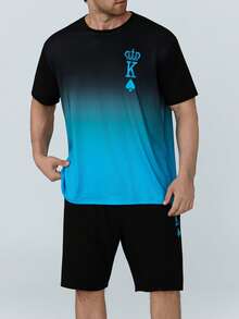 [AICJ Ropa de dormir] Conjunto de 2 piezas de ropa de dormir casual para hombre, camiseta con gráfico de corona y corazón de naipe y pantalón corto de pijama, adecuado para primavera y verano, azul claro fresco - Azul - Ver 6