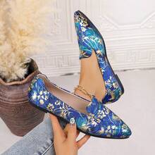 1 Pair Metallic Gold Bird Embellished Pointed Toe Slip-On Loafers, Delicate Metallic Accents, Easy Slip-On Design, Suitable For Vacation, Everyday Wear, Exuding Premium Look All Year Round - Blue - View 6