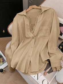 优雅白色半透明衬衫，V领长袖，饰以精致撞色蕾丝花边，春季款 - 卡其色 - 查看 8