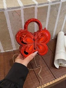 Women's Fashionable Solid Color Acrylic Butterfly Mini Bag, Lipstick Pouch, Chain Shoulder Crossbody Bag - Red - View 9