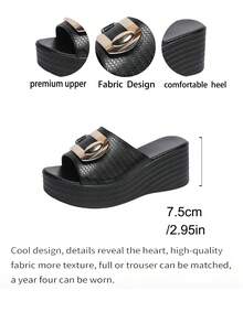Sandalias de cuña con correa de cuero sintético texturizado negro para mujer, plataforma cómoda, versátil para uso casual, trabajo, fiesta, playa, verano - Negro - Ver 8