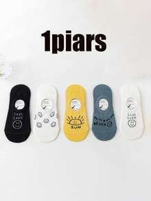 1/3/5 Pairs Cute Smiling Face Print No Show Socks For Women, Letter Pattern Invisible Boat Socks, Casual Daily Socks,Smiling Face Socks, No Show Socks, Invisible Socks, Boat Socks, Women Socks, Cute Socks, Letter Print Socks, Casual Socks - Multicolor - View 8