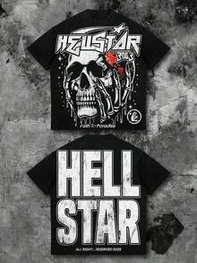Y2K Tops, Hell Star Paradise Skull Flame Distressed Oversized Graphic Tee, Vintage, Punk, Gothic, Casual,   For Mensummer Outfits For Womengraphic Tees - 黑色 - 查看 1