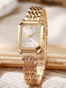 6件套优雅奢华女士石英表套装，包括金色合金表带、方形白色表盘罗马数字女士石英表，以及配套的双心镶嵌手链、项链、耳环和戒指，采用柔和的金色调和浪漫的双心元素设计，是一款奢华的女士配饰套装。 - 金色 - 查看 5