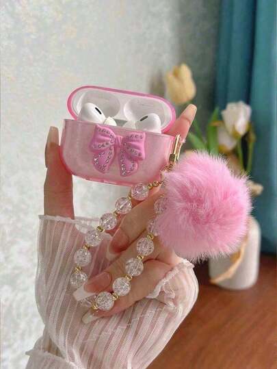 Kawaii Glitter AirPo D Case With Beaded Chain, Baby Pink Rhinestone Bow Cover For AirPo D Pro 2/1/Pro & AirPo D 3/2/1, Includes Cleaning Brush! Cute Transparent Icy Flower Pom Pom Design, Gift For Her. TVKXValentine's Day Gift For Her