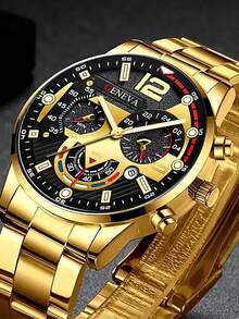 3pcs Casual Fashion Quartz Watch, Brown PU Leather Wallet And Keychain Set For Teenage Boys (No Gift Box), One Size Fits All, With Calendar, Suitable For Casual, Daily, Holiday And Various Occasions - Gold - View 8