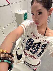 复古美式星形印花不对称领口休闲性感短袖修身时尚女式上衣 白色夏季 - 白色 - 查看 3