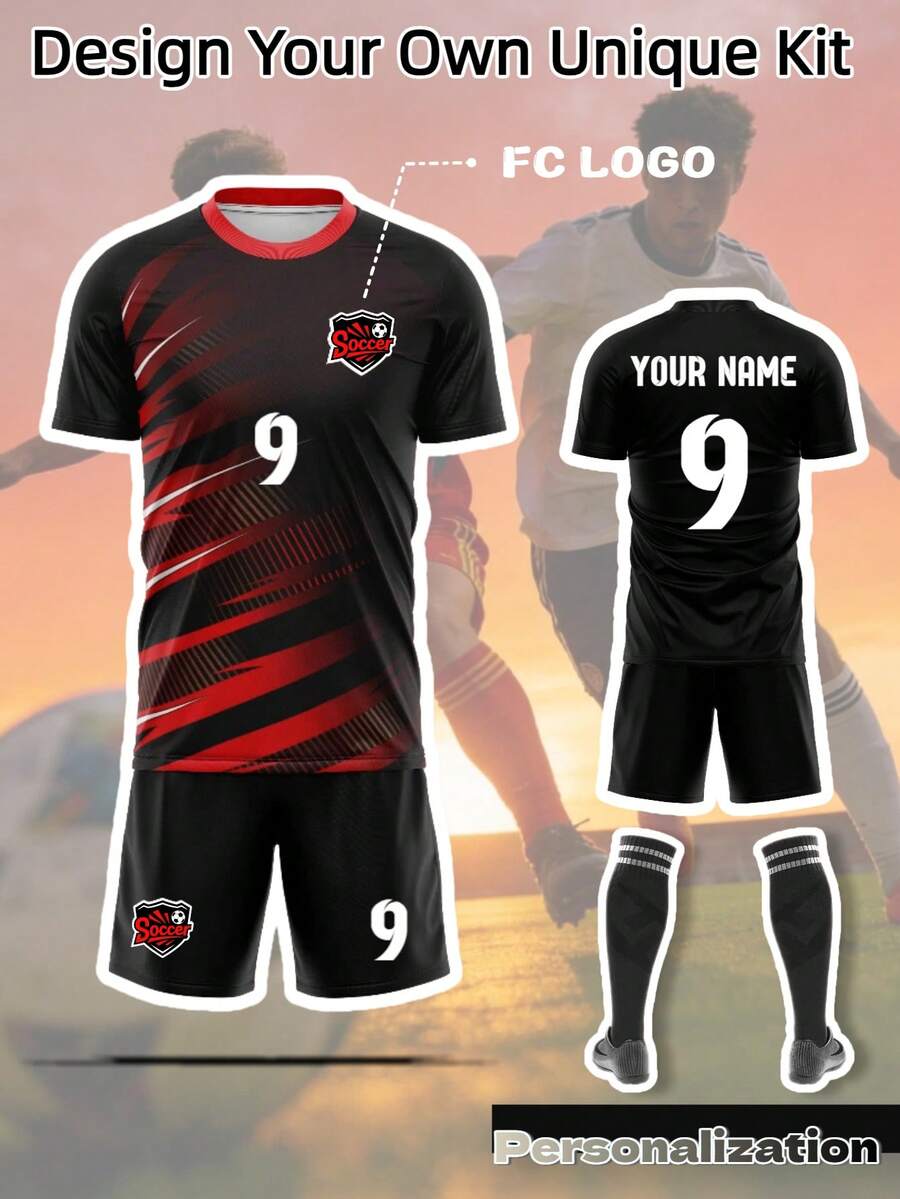 2pcs Black & Red Striped Customized Football Uniform | Can Add Name & Number | High-Performance Match Set, T-Shirt And Shorts Sports - Black - View 1