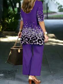 Plus Size Women's Fashionable Printed Elegant 3 Pieces Set Spring Summer - Purple - View 2