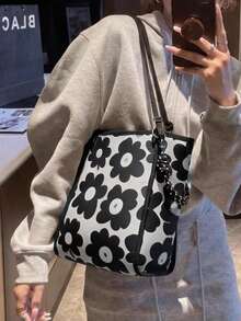 1pc Spring/Summer Vacation Season New Canvas Printed Tote Bag, Large Capacity Handheld Sunflower Versatile Shoulder Bag With Adjustable Dual Handles, Suitable For Daily Commute, Vacation And Other Fashionable Women Bags - Black - View 2