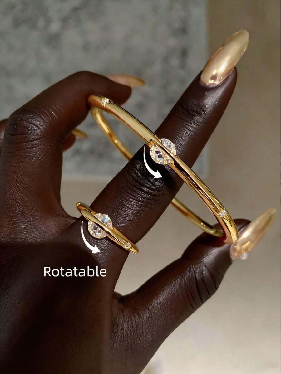 1/2pcs 18K Gold Plated Copper Bracelet & Ring Set With Artificial Zirconia Stones, Rotatable, Suitable For Women's Daily Wear, Gift, Perfect Party Favor