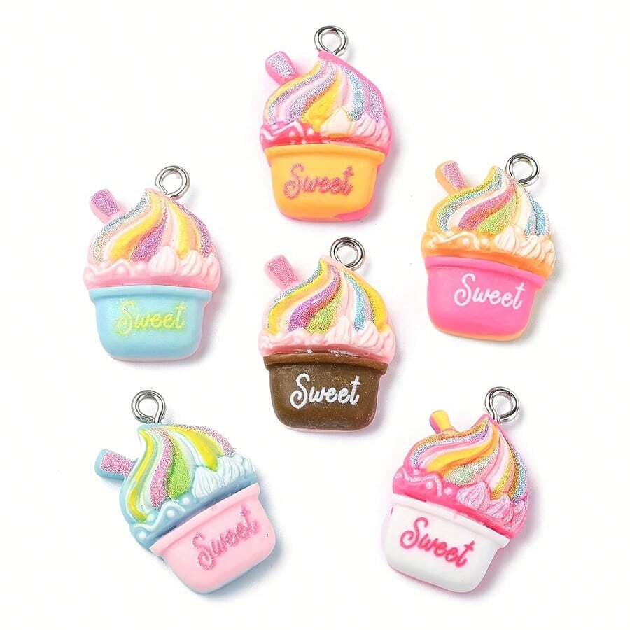 10/20/30pcs Cute Resin Ice Cream Pendant Charms - Adorable Dessert Decor Suitable For Jewelry Making, Bracelets, Necklaces, Keychains, And Hair Accessories - Random Color Assorted Resin Ice Cream Cones And Spoons - Multicolor - View 1