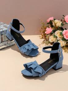1 Pair Blue Plus Size High Heel Sandals For Female Students, Soft Fabric With Ruffled Skirt Trim, Metal Buckle Decor, Rhinestone Accents, Classic Minimalist Design, Open Toe Chunky Heel, Suitable For 3-15 Years Old Girls Daily, Casual, Hosting, Dancing, Festivals, Vacation, Spring/Summer New Arrival - Blue - View 4