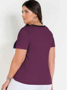 Women's Plus Size Tricolor Short-Sleeve Blouse, Casual T-Shirt With Round Neck - Burgundy - View 4