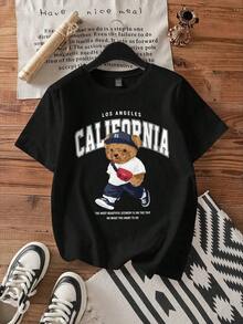 Camiseta de mujer de ajuste holgado informal, cuello redondo, manga corta, estampado de oso, mezcla de algodón, apta para el verano - Negro - Ver 5