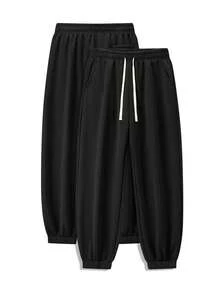 Men's Spring Summer Fall Solid Color Tapered Jogger Sweatpants Relaxed Fit Casual Elastic Waist Drawstring With Side Pockets Athletic Trousers - 黑色 - 查看 1