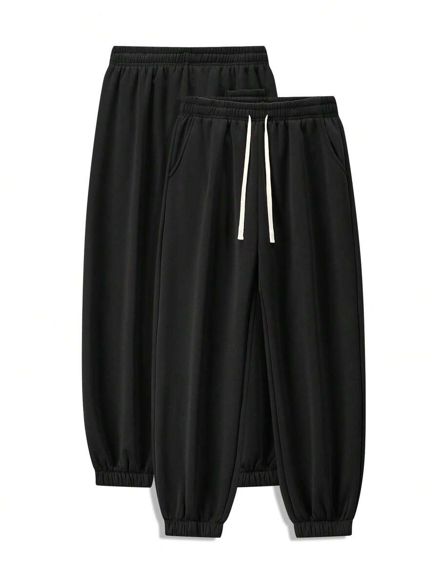 Men's Spring Summer Fall Solid Color Tapered Jogger Sweatpants Relaxed Fit Casual Elastic Waist Drawstring With Side Pockets Athletic Trousers - 黑色 - 查看 1