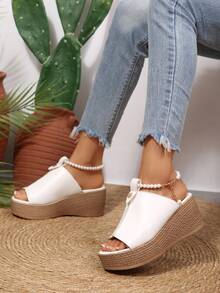 Plus Size European And American High Heel Peep-Toe Sandals Women 2026 Thick Bottom Wedge Peep-Toe Strap Buckle Linen Bottom Slippers - White - View 7