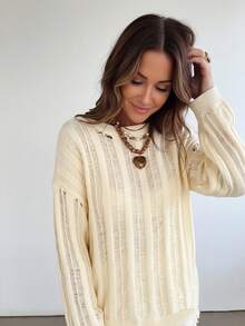 2026 Damen Frühling/Herbst eleganter einfarbiger minimalistischer strukturierter Strickpullover, lässiger Langarm-Pullover mit einzigartigem Hohlmuster-Design, geeignet für den täglichen Gebrauch, Outdoor, Zuhause und modische Anlässe - blassgelb - Übersicht 5