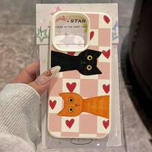 1 pieza Funda de teléfono de material TPU con diseño lindo de gato rosa a cuadros y corazones, adecuada para Apple 17 Pro Max/17/16 Pro Max/15/13/12/11, S20 FE/A15/S24/A55, Note 11/Note 12/Note 13 Pro, con cobertura completa y protección suave anti-caídas - Blanco - Ver 1
