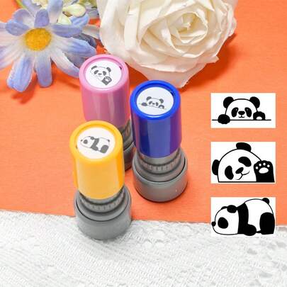 Bộ 3 con dấu hình gấu trúc, dùng cho sổ tay, kế hoạch, với các họa tiết biểu cảm dễ thương, mực đen tự động, đồ dùng học tập và văn phòng phẩm.