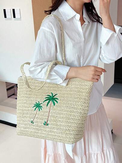 Palm Tree Embroidered Woven Straw Tote Bag, Large Capacity Bohemian Shoulder Bag For Summer Beach Vacation, Casual Shopping Handbag For Women