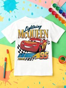 Official Authorization Disney Cars Lightning McQueen Print Kids T-Shirt, Boys Cute Cartoon Race Car Graphic Short Sleeve Tee, Summer Casual Tops For Daily Wear Theme Park Vacation, Children's Clothing Holiday Gift - 白色 - 查看 2