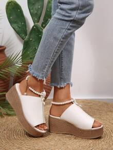 Plus Size European And American High Heel Peep-Toe Sandals Women 2026 Thick Bottom Wedge Peep-Toe Strap Buckle Linen Bottom Slippers - White - View 4