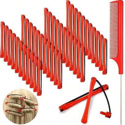 40 Pieces Hair Perm Rods Short Cold Wave Rods Plastic Perming Irons Hair Curling Rollers Curlers With Steel Pintail Comb Rat Tail Comb For Hairdressing Styling Supplies(Red)