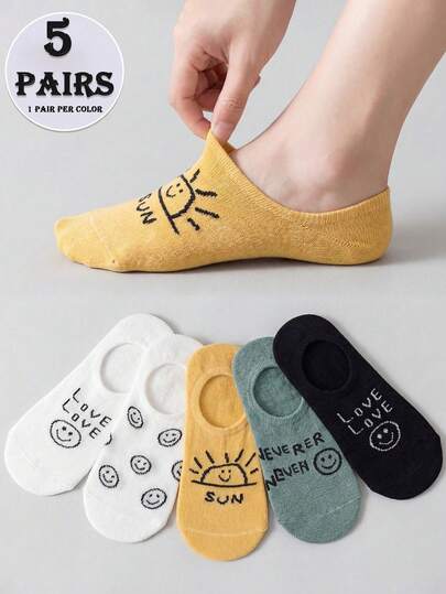 1/3/5 Pairs Cute Smiling Face Print No Show Socks For Women, Letter Pattern Invisible Boat Socks, Casual Daily Socks,Smiling Face Socks, No Show Socks, Invisible Socks, Boat Socks, Women Socks, Cute Socks, Letter Print Socks, Casual Socks