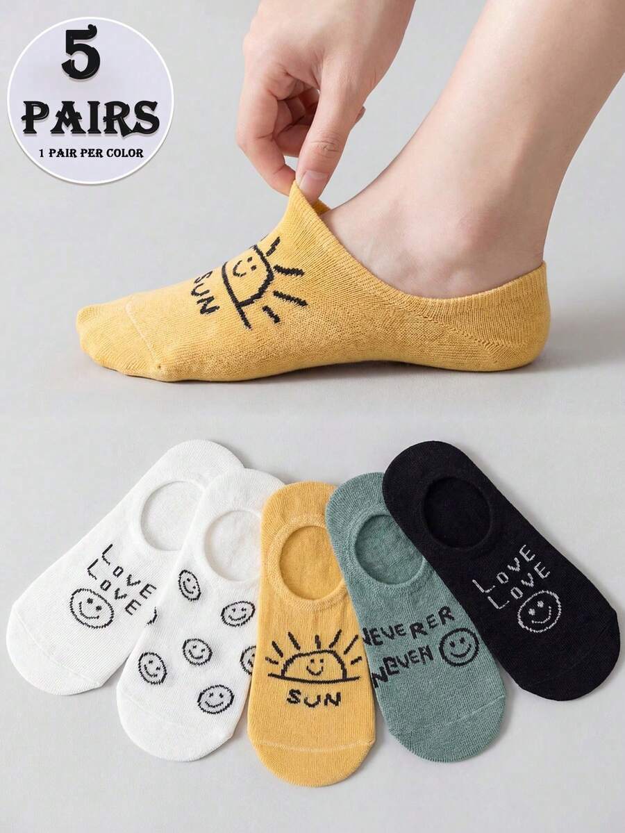 1/3/5 Pairs Cute Smiling Face Print No Show Socks For Women, Letter Pattern Invisible Boat Socks, Casual Daily Socks,Smiling Face Socks, No Show Socks, Invisible Socks, Boat Socks, Women Socks, Cute Socks, Letter Print Socks, Casual Socks - Multicolor - View 1
