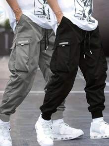 2pcs/Set Men's Casual Utility Drawstring Pants, Grey + Black - Multicolor - View 1