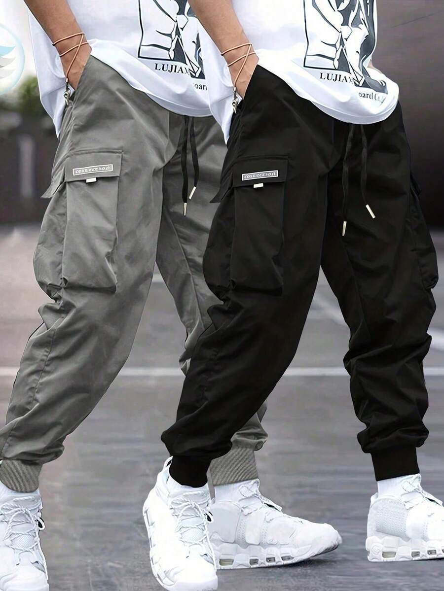 2pcs/Set Men's Casual Utility Drawstring Pants, Grey + Black - Multicolor - View 1
