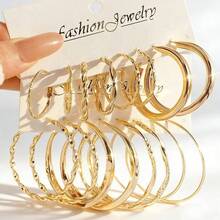 16-Pair European And American Style Large Hoop Earring Set, Gold Twisted Hoop Earrings, Simple And Elegant Earrings, Multiple Sizes Of Gold Large Hoop Earring Set, Versatile Earrings For Commute - Vàng - Xem 2