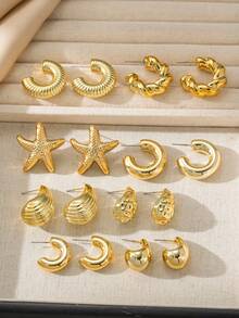 4/6/16 Pcs/Set Fashion Gold Starfish, Smooth Water Drop, Vertical Striped Water Drop C-Shaped Earring Set, Suitable For Summer Travel And Daily Vacation Wear - Gold - View 2