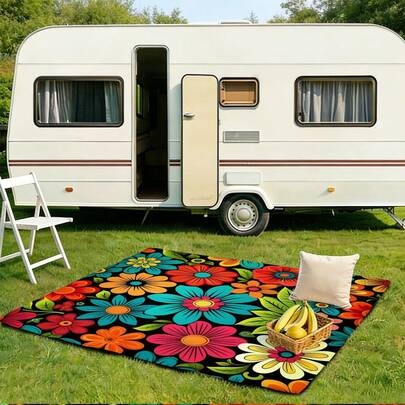 1 pieza Manta de playa con estampado floral colorido, para picnic, viajes, senderismo, campamento, césped, parque, piscina, actividades al aire libre, artículo esencial para picnic, esterilla de camping para autocaravana, grande, portátil, lavable y ligera