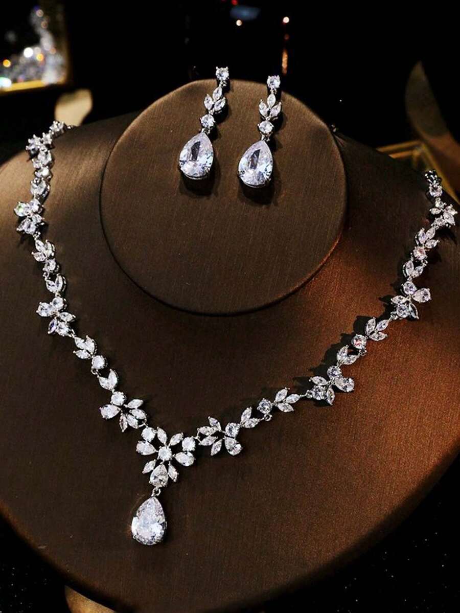 Bộ trang sức cưới đính đá Cubic Zirconia hình giọt nước thủ công hoàn toàn, gồm dây chuyền mặt lá và bông tai, phụ kiện thời trang dự tiệc. - Bạc - Xem 1