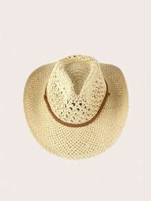 1pc Handmade Fashionable Panama Cowboy Straw Hat, Bohemian Style Beach Sun Hat, Windproof Casual Hat, Suitable For Vacation Travel, Brim Rope Color Random - 卡其色 - 查看 6