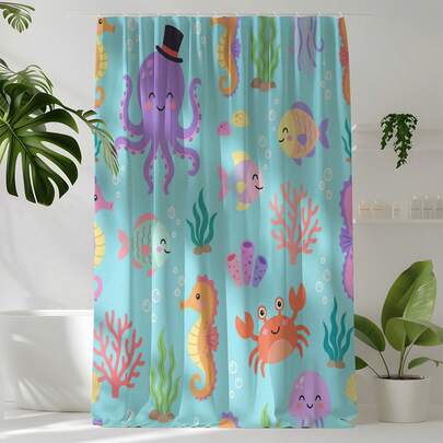 1pc Cartoon Crab, Seahorse, Octopus Printed Shower Curtain, High Quality Home Decor Curtain, Modern Style Bathroom Matching, All Season Shower Curtain With 12 Hooks