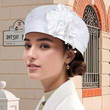 Women Beret Hat With Pearl Flower Breathable Brimless Cap  Fascinators Hats For Tea Party Stage - Màu hồng đậm - Xem 3