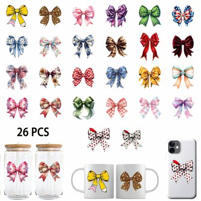 26PCS Coquette Bow Vibes UV DTF Stickers (2.75x3.5in), Pencil Teacher Floral Bow Decals For Coffee Mugs, Ceramic Cups, Phone Case, DIY Back To School Gift
