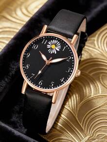 6pcs Fashion Elegant Cute Floral Quartz Watch With Black Heart Accessory Set, PU Leather Strap, Casual Daily, Versatile, Suitable Gift For Friends - Black - View 6