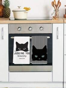 2Pcs Cat Kitchen Towels Watercolor Black And White Cat For Cat Lovers With "Silently Judging Your Meow" Design Farmhouse Dish Towels Kitchen Dishwashing Hand Tea Towels Kitchen Drying Dish Towels For Kitchen Dining Room Table - Black and White - View 2