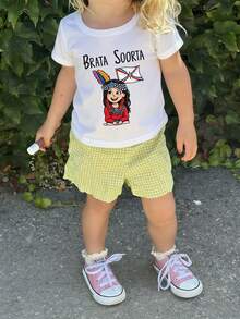 1pc Baby Girls' Creative Cartoon Graphic Letter Slogan Print Basic Round Neck Short Sleeve T-Shirt, Casual & Fashionable Baby Girl Clothing - White - View 2