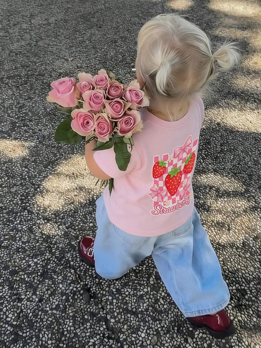 Girls' Strawberry Bow Print Short Sleeve T-Shirt, Casual Round Neck Top Suitable For Toddler Girls - Pink - View 1