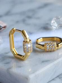 18K镀金几何耳环，女士款，粗款长方形耳环，镶嵌密镶立方氧化锆，精致登山扣耳环，低过敏性首饰礼品 - 彩色 - 查看 6