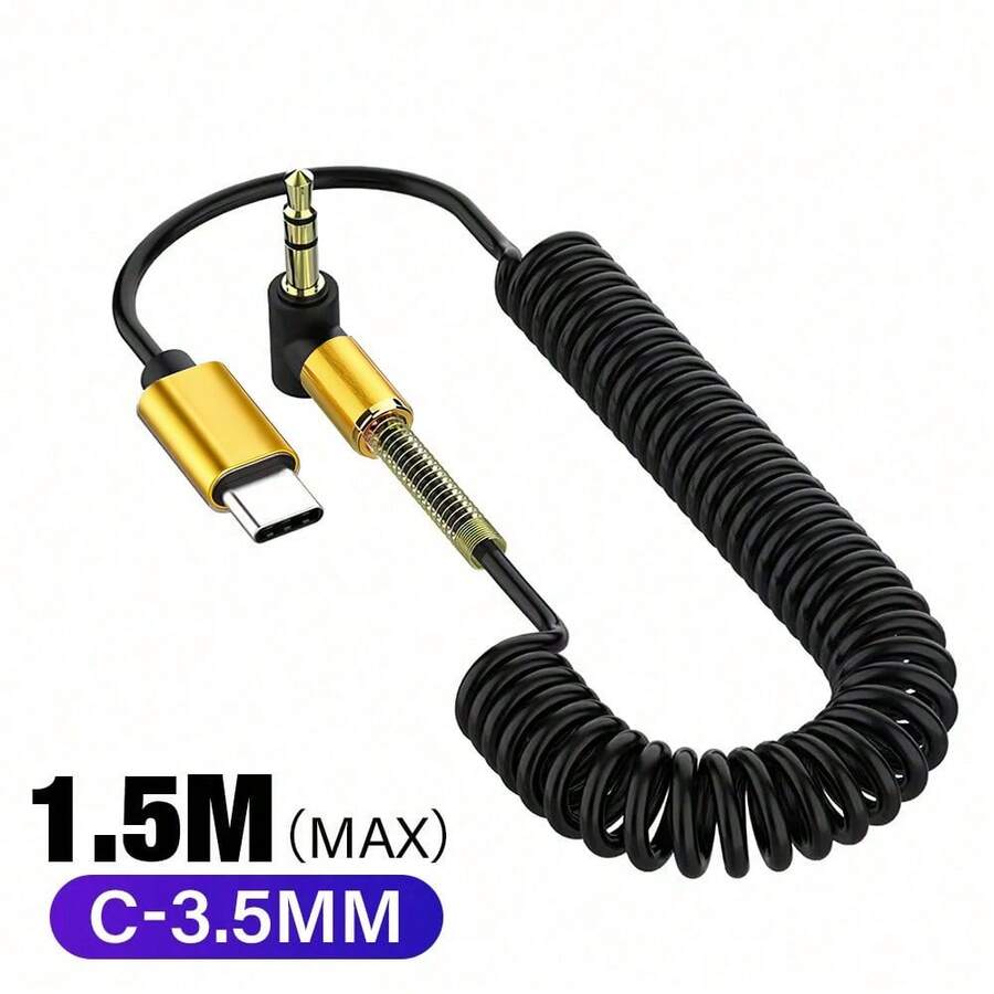USB-C 转 3.5mm 弯角弹簧伸缩音频线，带数字芯片，兼容 iOS 设备，车载音响辅助扬声器线（公对公） - USB-C - 查看 1