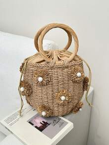 2026新款波西米亚珍珠花朵编织水桶包，手工藤编抽绳手提包，夏季海滩度假斜挎包，独特设计通勤包，百搭女士编织手提包 - 卡其色 - 查看 8