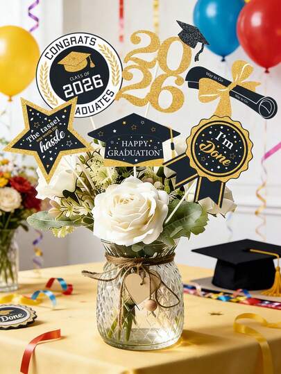 5pcs 2026 Graduation Party Vase Inserts, Colorful Graduation Cap 5-Pointed Star 2026 Pattern Paper Decorations, Graduation Congratulations Party Decorations, DIY Vase Inserts And Cake Toppers, Graduation Party Favors, Graduation Vase Decor, Home Decor, Desktop Decor, Photography Backdrop Decor, Graduation Gift
