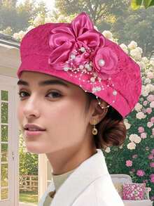Women Beret Hat With Pearl Flower Breathable Brimless Cap  Fascinators Hats For Tea Party Stage - Màu hồng đậm - Xem 10